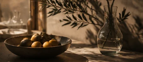 Handmade ceramics, citrus fruit and an olive branch on a stone table in afternoon light.