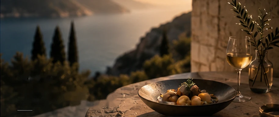 A handmade plate and a glass on a stone dining terrace above the sea. Illustrative HAVALA study.