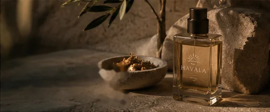 An illustrative amber HAVALA fragrance bottle, ceramic bowl and olive branch on limestone.