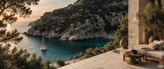 A sheltered limestone cove, a single sailing boat and a quiet terrace above blue water.