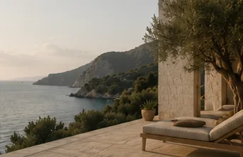 A linen-covered outdoor daybed and sun-warmed stone terrace opening toward a coastal landscape.