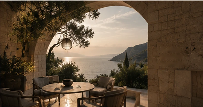 A stone arch framing a shaded breakfast table and a Mediterranean sea view.