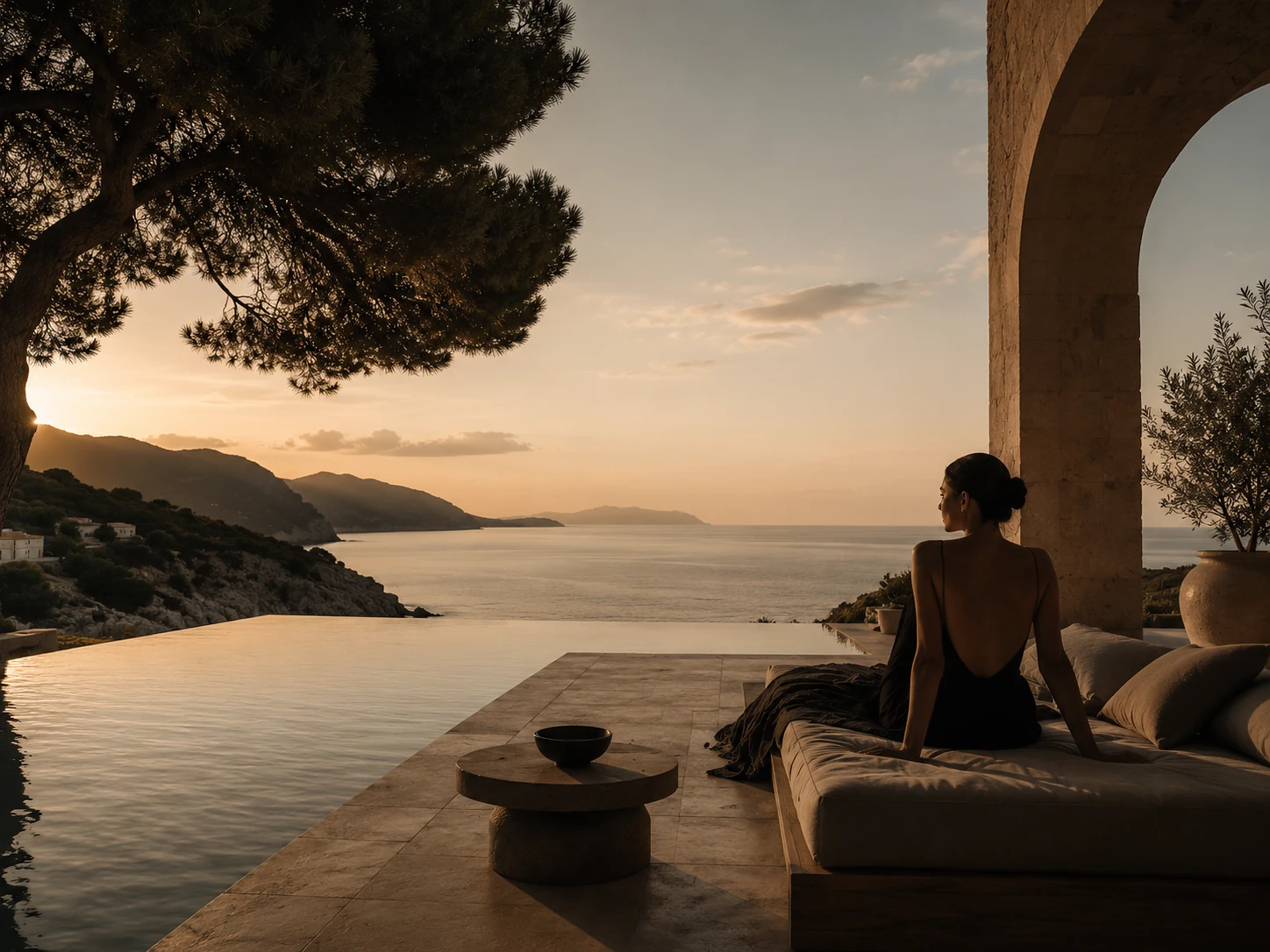 The HAVALA world: a quiet Mediterranean-inspired terrace above the sea at dusk.